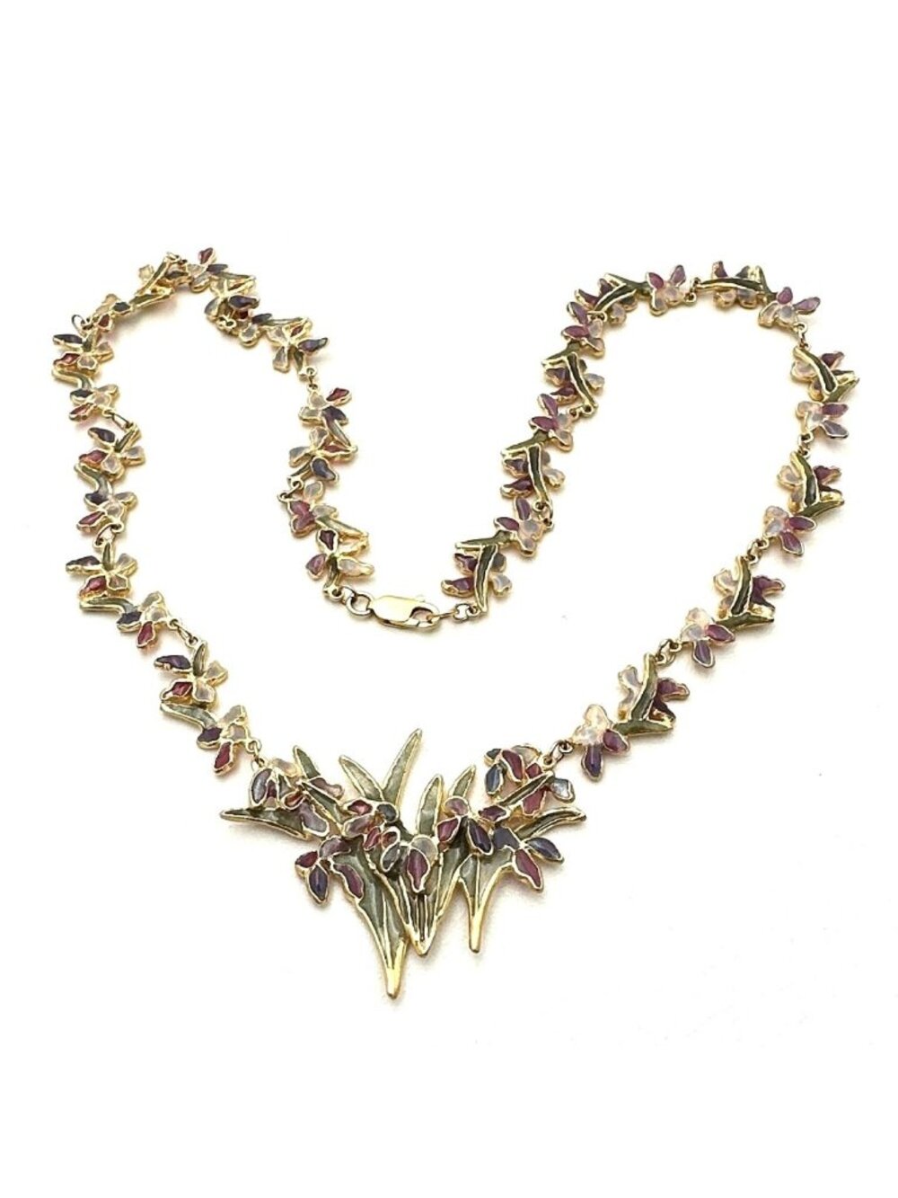 Rare Vintage 14K Yellow Gold Plique a Jour Necklace Flower Design 22 Grams